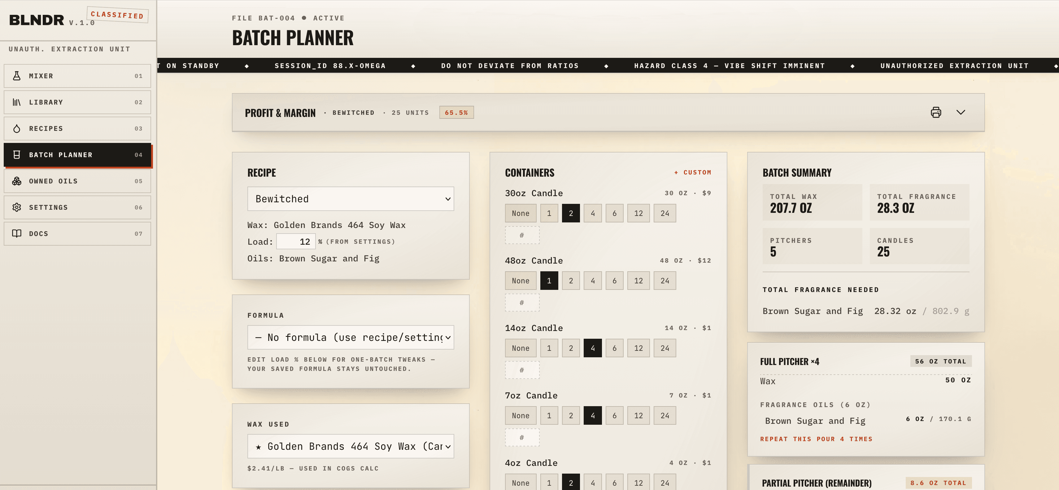 Batch planner with recipe, container counts, batch summary, and pitcher math