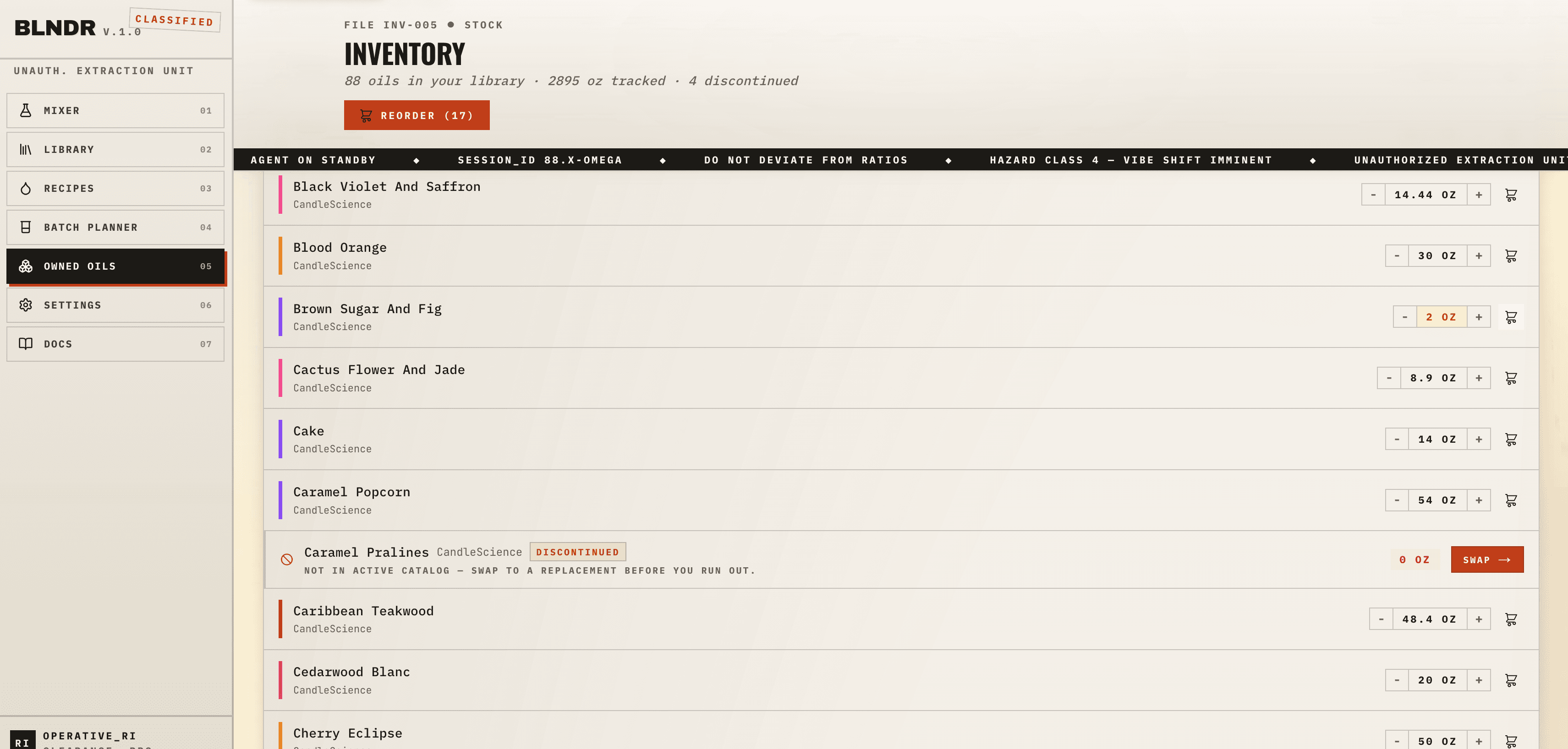 BLNDR inventory page showing oil list with vendor filters and stock counts