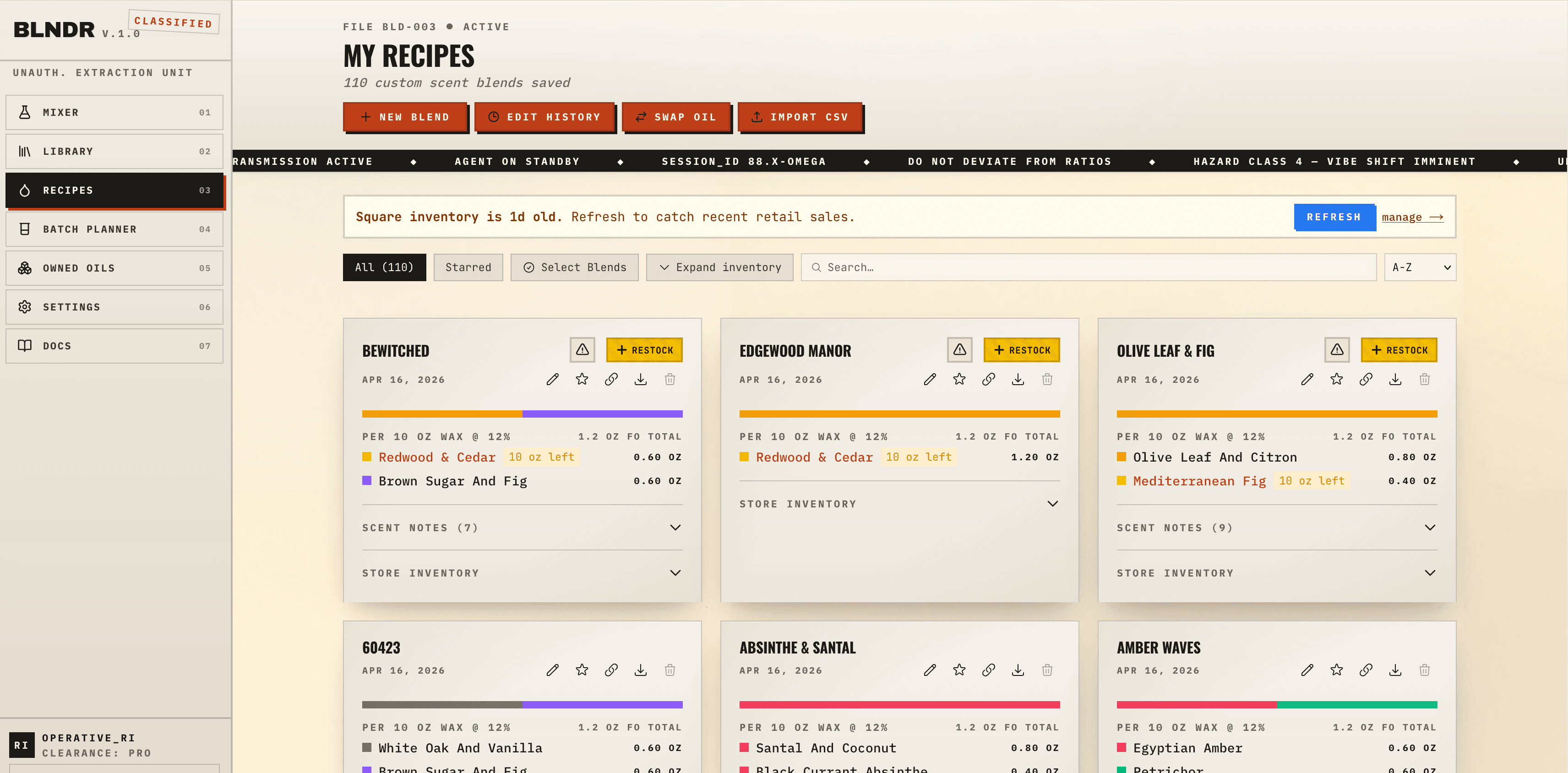 Recipe cards with yellow RESTOCK buttons surfacing at the top of the list
